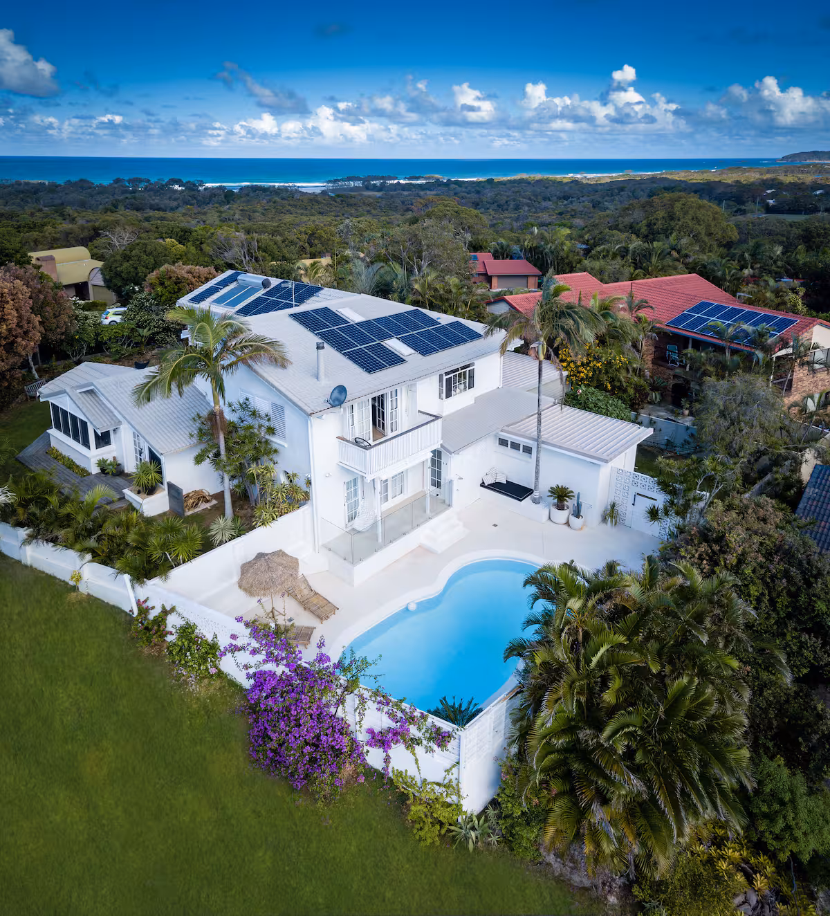 Aerial view of Cloud9, the pool and gardens