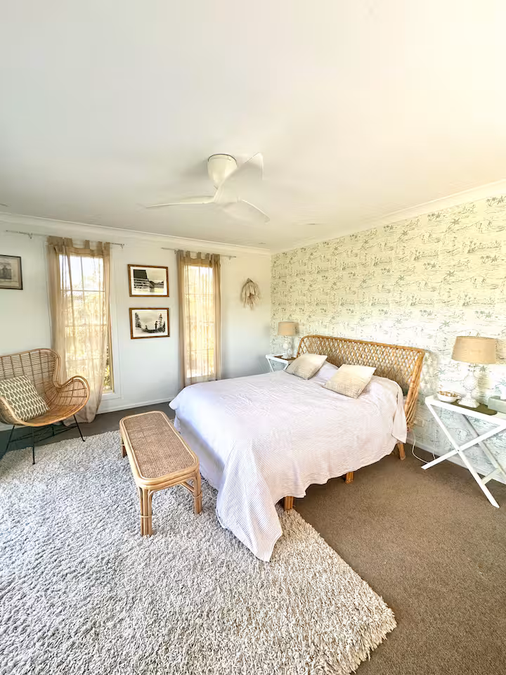 A king bedroom in coastal tones